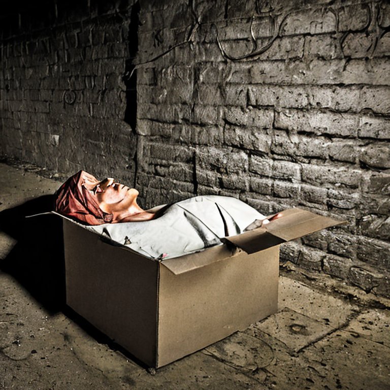 Dead body in a box, back alley in dimly lit city,4