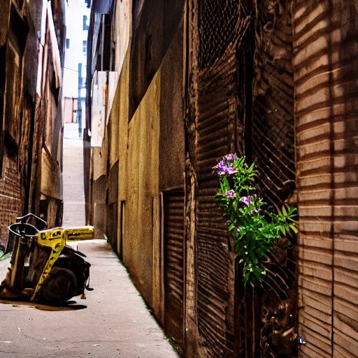 A flower blooming robustly in the back alleys of the city, breaking through the asphalt degenerate2