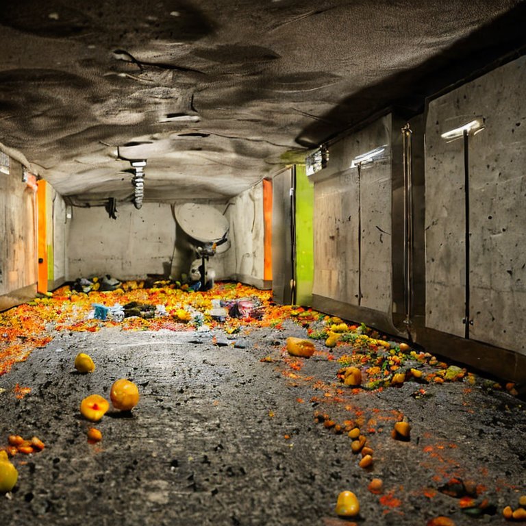 Crushed fruit and syringes Dimly lit underground walking space3