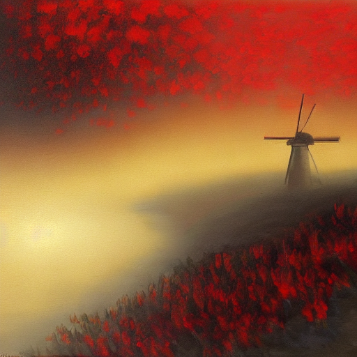 A red windmill as far as the eye can see A bleak stone riverbed in the fog Oil painting3