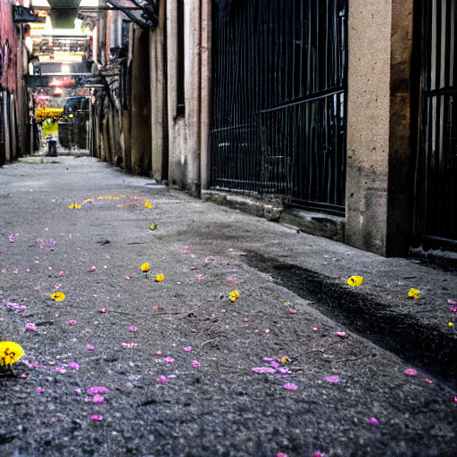 A flower blooming robustly in the back alleys of the city, breaking through the asphalt degenerate4