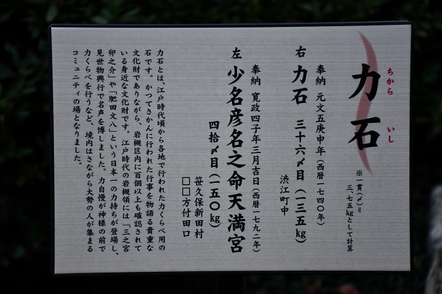 岩槻区宮町　久伊豆神社　保存された力石　説明板